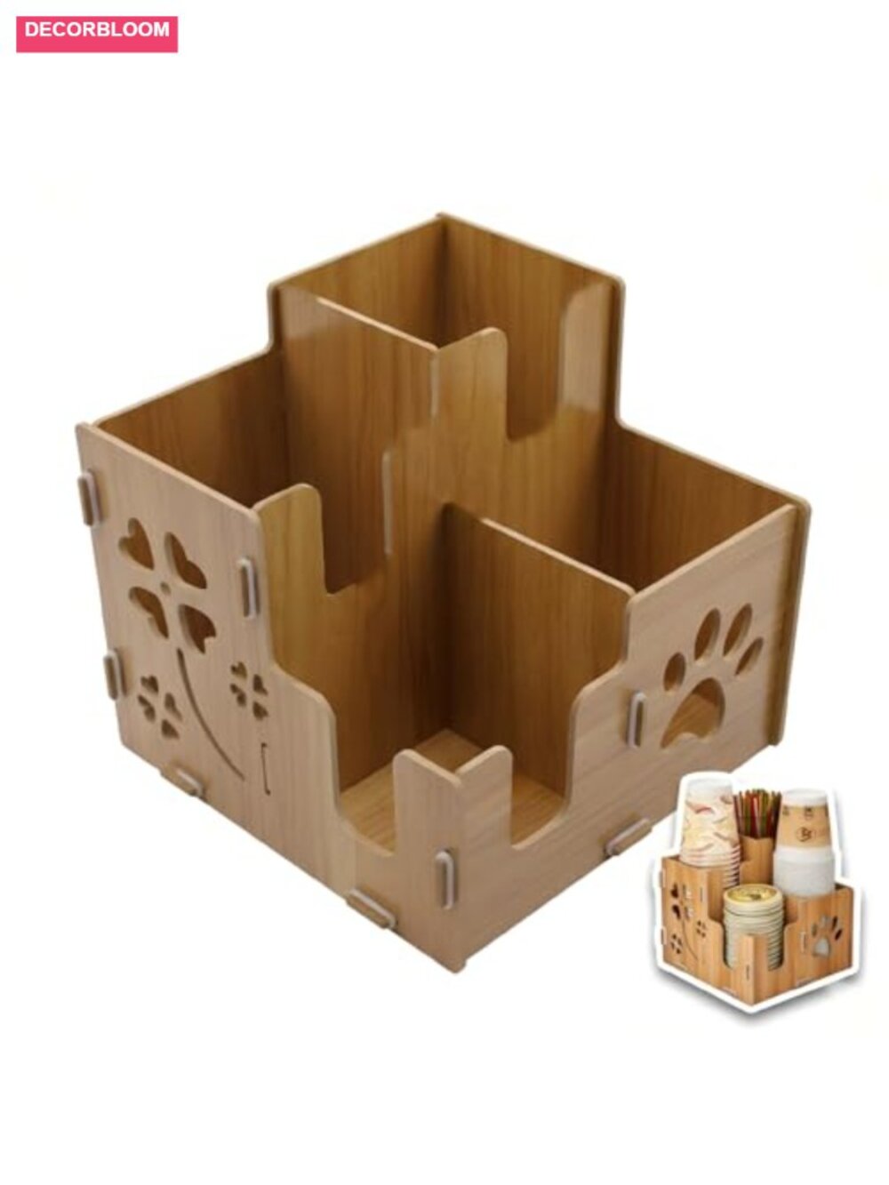 4 Compartment Coffee Station Organizer Cherry Wood Countertop Cup Holder